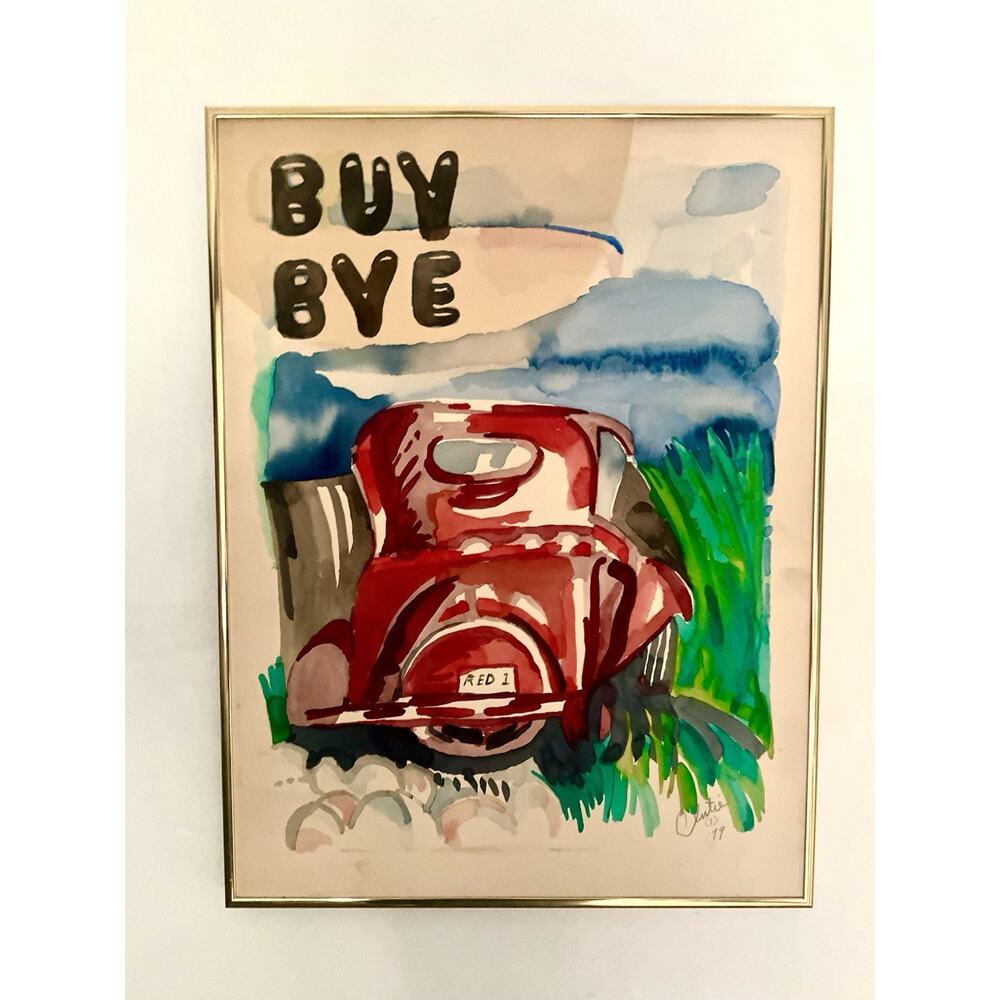 1979 Clutie Signed ‘Buy Bye’ Pop Art Red Truck Watercolor Framed 19” X 14” MCM